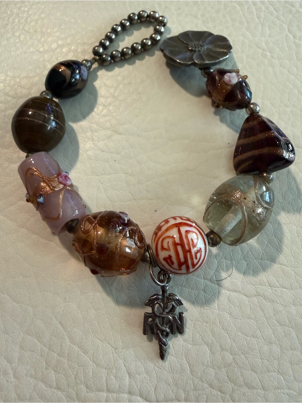 Vintage Artisan Lampwork Glass Bead Charm Bracelet Silver Flower RN Nursing